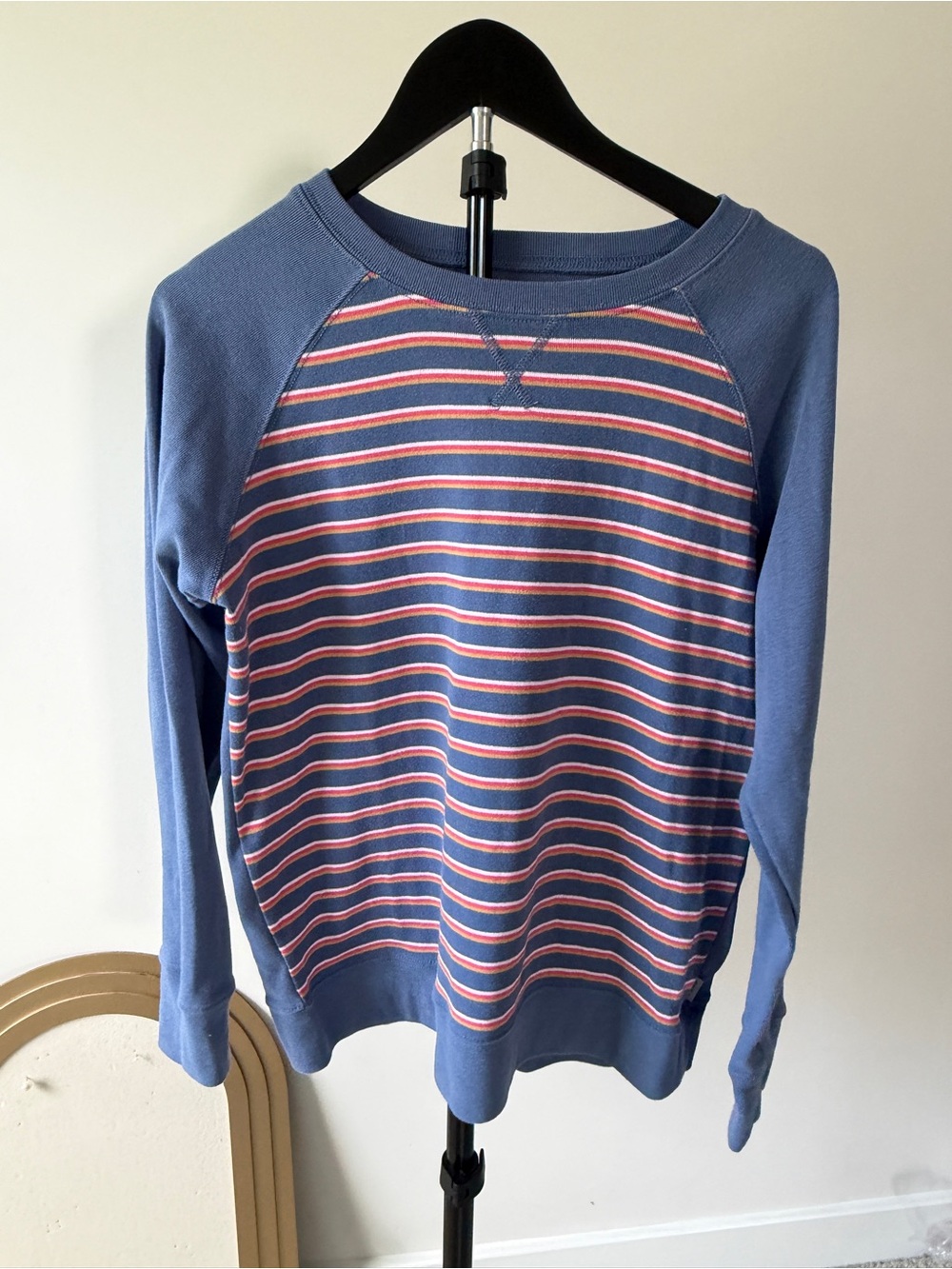 Eddie Bauer Blue Crewneck Sweater with Pink & White Stripes